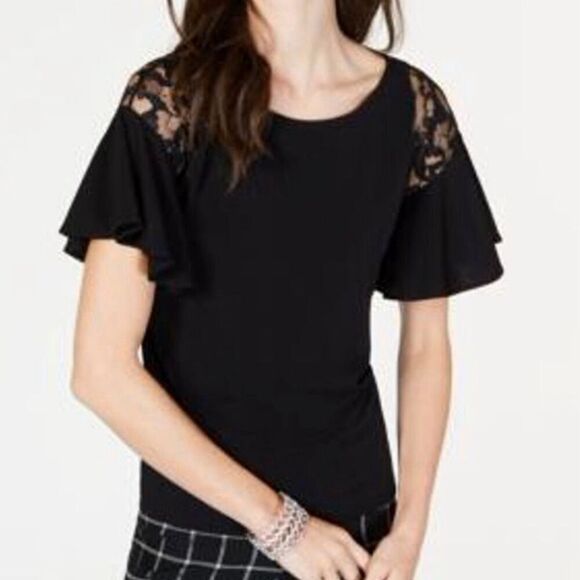 INC International Concepts Lace Ruffle Short Sleeve Blouse (Black) - Petite Smal - Picture 1 of 9